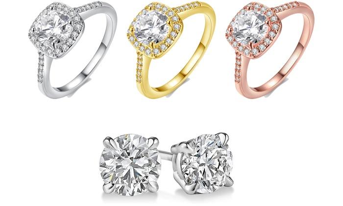 18K Gold-Plated Halo Ring Made with Swarovski Elements with Free Swarovski Elements Studs