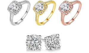18K Gold-Plated Halo Ring Made with Swarovski Elements with Free Swarovski Elements Studs