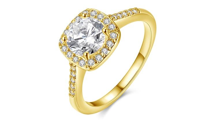 18K Gold-Plated Halo Ring Made with Swarovski Elements with Free Swarovski Elements Studs