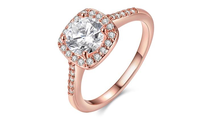18K Gold-Plated Halo Ring Made with Swarovski Elements with Free Swarovski Elements Studs